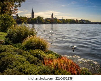 Beautiful autumnal colors at the banks of river Spree in front of the skyline of Berlin-Köpenick in early morning light