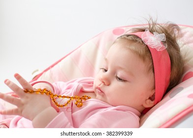 Beautiful Baby Girl Chewing Amber Teething Necklace