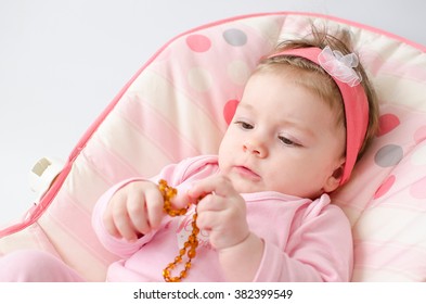 Beautiful Baby Girl Chewing Amber Teething Necklace