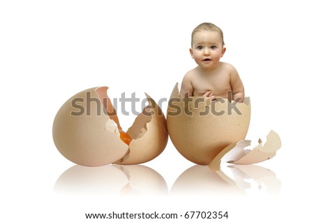 Beautiful baby inside an egg isolated in white