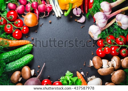 Beautiful background healthy organic eating. Studio photography the frame of different vegetables and mushrooms on vintage table with free space for you text
