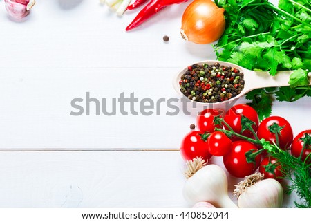 Beautiful background healthy organic eating. Studio photography the frame of different vegetables and mushrooms on the white boards with free space for you text