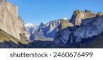 Beautiful Background View with Half Dome and Bridal Veil Falls from Yosemite valley Vista Point in Yosemite National Park California 