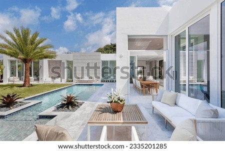 Beautiful backyard design, white exterior, swimming pool, modern design, outdoor