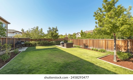 Beautiful backyard with seating and lush greenery, large patio area