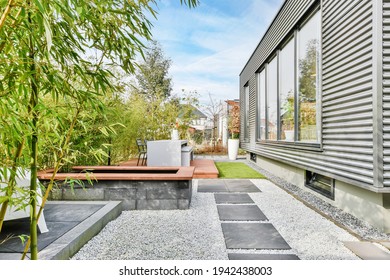 Beautiful Backyard Terrace Full Of Furniture And Decorative Plants