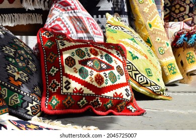 Beautiful Balkan pillows with embroidery at the Turkish bazaar in Gjirokastra, Albania, Europe - Shutterstock ID 2045725007