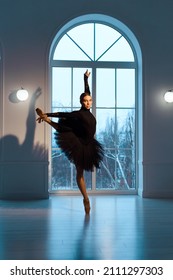 beautiful ballerina in black leotard and tutu skirt against  background of large window in dark room, tiptoeing, illuminated by spotlight