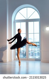 beautiful ballerina in black leotard and tutu skirt against  background of large window with an arch in dark room, on tiptoe
