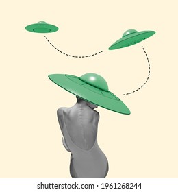 Beautiful ballerina in green stylish hat as an UFO on yellow background. Copy space for ad, text. Modern design. Conceptual, contemporary bright artcollage. Retro styled, surrealism, fashionable.