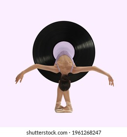 Beautiful ballerina in vinyl plate dancing on purple background. Copy space for ad, text. Modern design. Conceptual, contemporary bright artcollage. Retro styled, surrealism, fashionable. - Shutterstock ID 1961268247