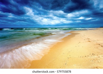 Beautiful Baltic Shore In Spring. Colorful Seascape Of Polish Sea.