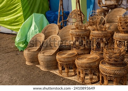 Beautiful bamboo furniture, works of handicraft, for sale during Handicraft Fair in Kolkata. Selective focus.