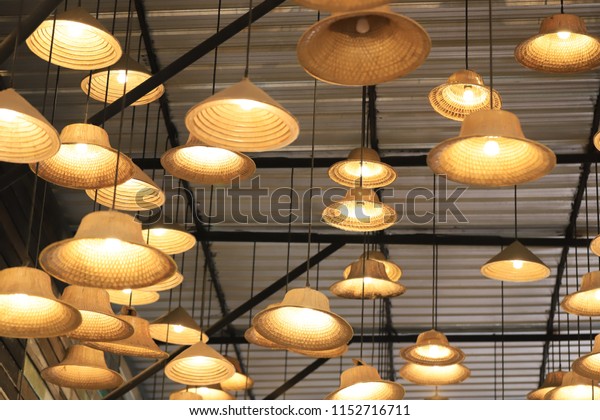 Beautiful Bamboo Handmade Ceiling Lighting Concept Stock Photo