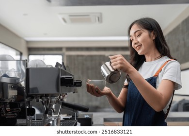 Beautiful Barista Making Coffee in a Modern Cafe, Smiling and Pouring Milk into a Cup, Professional Coffee Preparation - Powered by Shutterstock