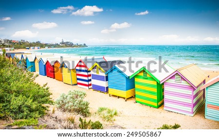 Beautiful Bathing houses on white sandy beach at Brighton beach in Melbourne, Australia.