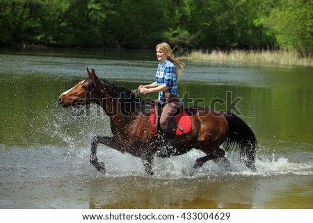 Beautiful bay horse in the river and beautiful woman 