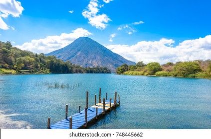 Beautiful Bay Of Lake Atitlan With View To Volcano San Pedro  In Highlands Of Guatemala, Central America