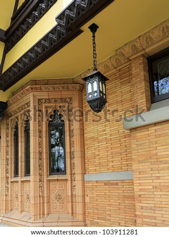 Beautiful bay window and light fixture designed by Frank Lloyd Wright in Oak Park, Illinois, USA