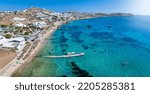The beautiful beach of Agios Ioannis on the island of Mykonos, Cyclades, Greece, during summer time