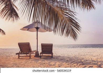 Beautiful Beach Background For Honeymoon And Romantic Couples Retreat Background. Loungers As Sun Beds In Twilight Colors And Palms.