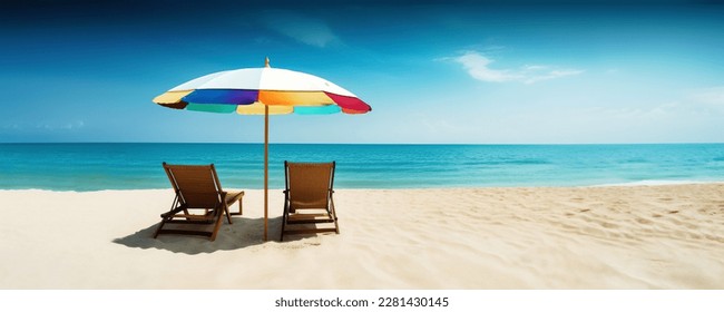 Beautiful beach banner. Amazing beach landscape. White sand, chairs and umbrella travel tourism wide panorama background concept - Powered by Shutterstock