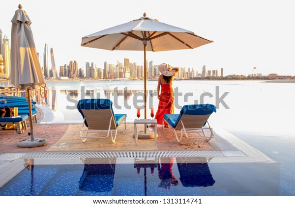 Beautiful Beach Dubai Lady Red White Stock Photo Edit Now 1313114741