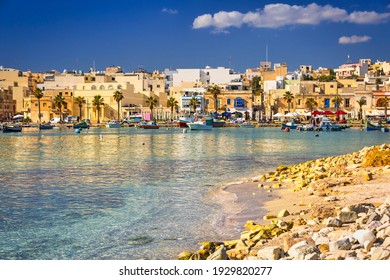 Beautiful beach of the Mediterranean Sea in Marsaxlokk, Malta