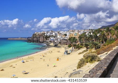 Beautiful beach on the Atlantic Ocean on the island of Fuerteventura in the village of Morro Jable / View on the Morro Jable. Jandia. Fuerteventura. Canary Islands