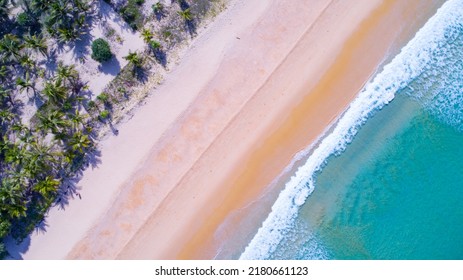 Beautiful Beach Sand Sea And Waves White Foamy Summer Sunny Day Background.Amazing Beach Top Down View Overhead Seaside Nature Background