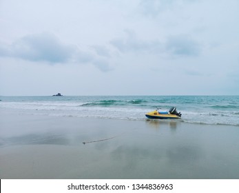 Beautiful Beach Seascape with yellow Jetsurf , Landscape of seaside in clear day