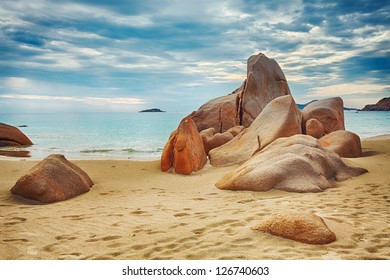 Beautiful beach. Stones on the foreground