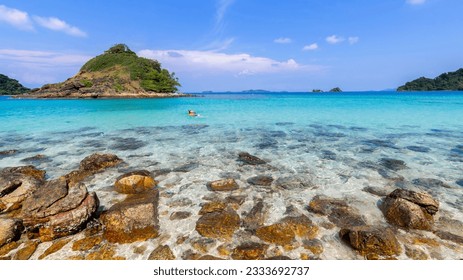 beautiful beach view Koh Chang island seascape at Trad province Eastern of Thailand on blue sky background , Sea island of Thailand landscape 