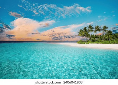 Beautiful beach with white sand, turquoise ocean, sunset, clouds and palm tree. wonderful tropical landscape, - Powered by Shutterstock