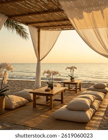 Beautiful beachside boho setup at sunset featuring a bamboo canopy with flowing white curtains, low wooden tables, cozy floor seating with leather poufs, and decorative pampas grass arrangements. 
