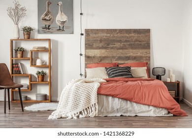 Beautiful Bedroom Interior With King Size Bed Wooden Headboard