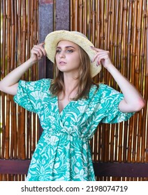 Beautiful Belarus Woman In Green Dress With Hat