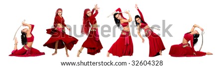 beautiful belly dancer with a spade over a white background