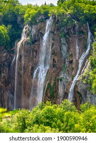 Beautiful Big Waterfall In Plitvice Lakes National Park In Croatia