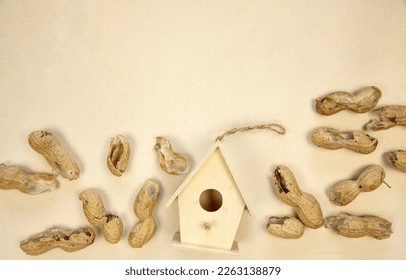 Beautiful birdhouse on beige background with peeled peanuts, top view. Space for text, spring bird food concept copy space - Powered by Shutterstock