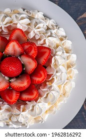 Beautiful Birthday Cake Covered With Chantillly And Fresh Strawberry. Top View