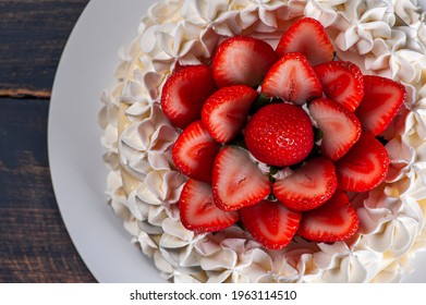 Beautiful Birthday Cake Covered With Chantillly And Fresh Strawberry. Top View