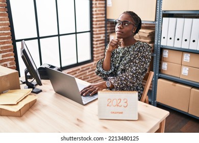 Beautiful Black Doctor Woman Working At Small Business Commerce In 2023 Serious Face Thinking About Question With Hand On Chin, Thoughtful About Confusing Idea 