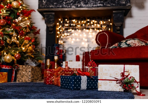 Beautiful Black Fireplace Christmas Garland Christmas Stock Image