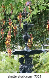 beautiful black fountain in luscious garden