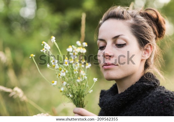 Beautiful Black Hair Woman Enjoying Field Stock Photo Edit Now