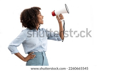 Beautiful Black Lady Using Megaphone For Making Announcement, Cheerful African American Woman Holding Loudspeaker Standing On White Background