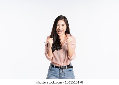 Beautiful Black Long Hair Young Asian Woman, Girl Feeling Very Happy Amazed Excited And Surprised, Studio Light Portrait Shot Isolated On White Background. In A Summer T-shirt Short Jeans. Copy Space 