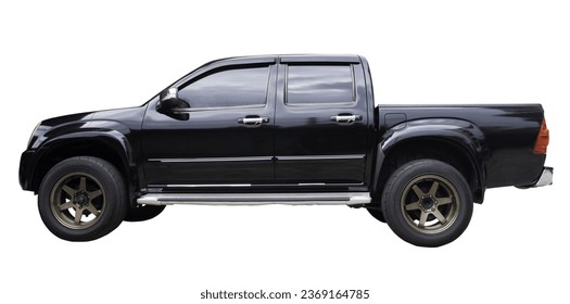 Beautiful black pickup truck with mag wheel is isolated on white background with clipping path. Front view photo