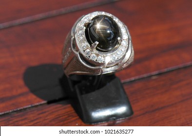 Beautiful Black Star Sapphire With Old Silver Ring.